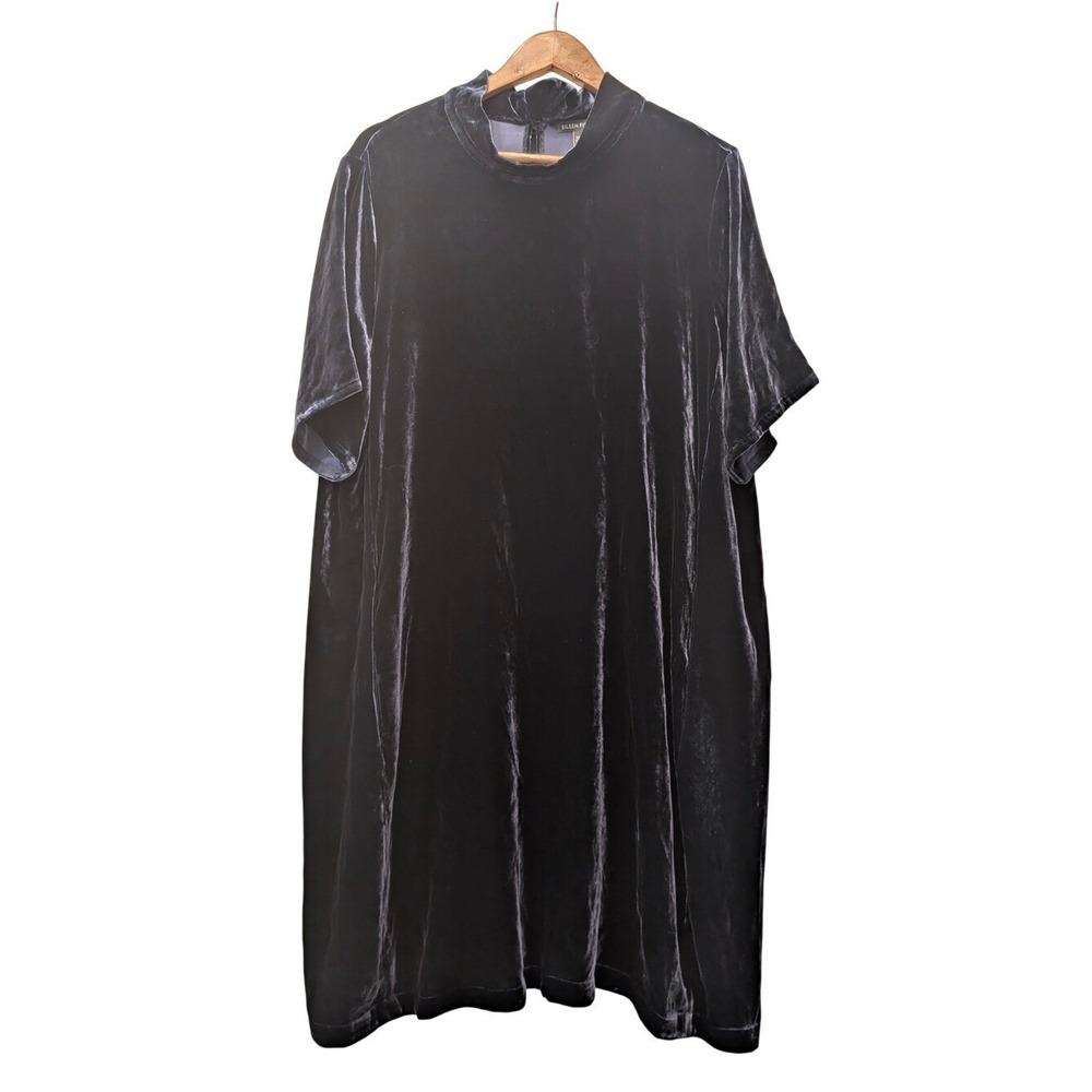 Eileen Fisher Navy Blue Silk Blend Velvet Mock Neck Back Tie Shift Dress XL - Picture 2 of 15
